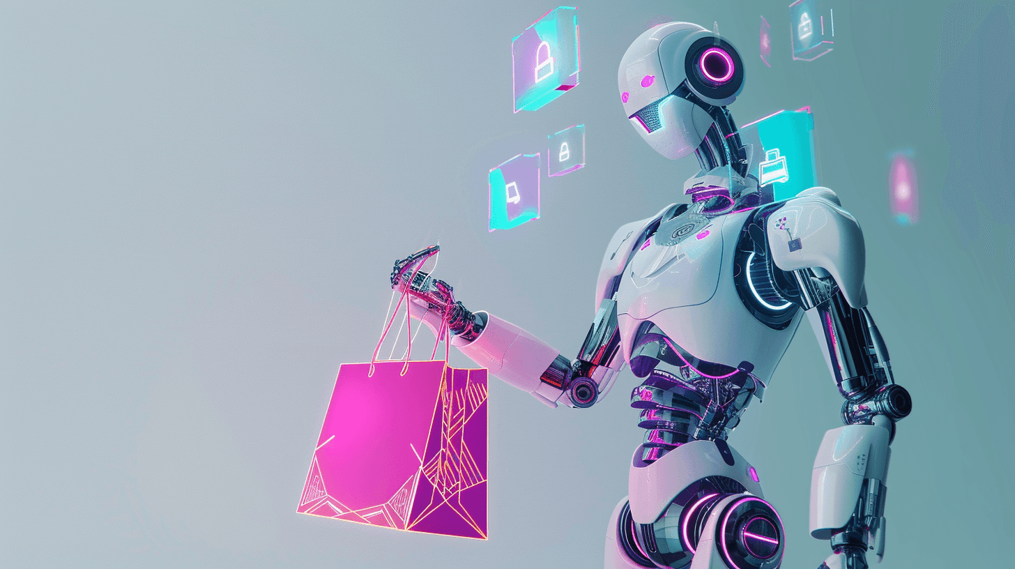 A white robot holding a pink shopping bag beside floating product cards