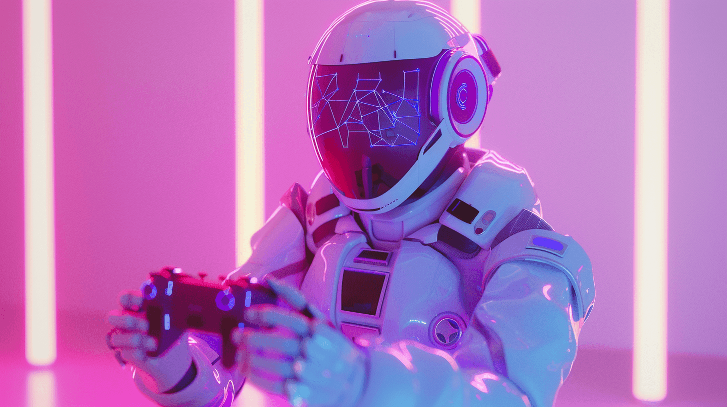An astronaut-like gamer in a white helmet holding a game controller in pink light