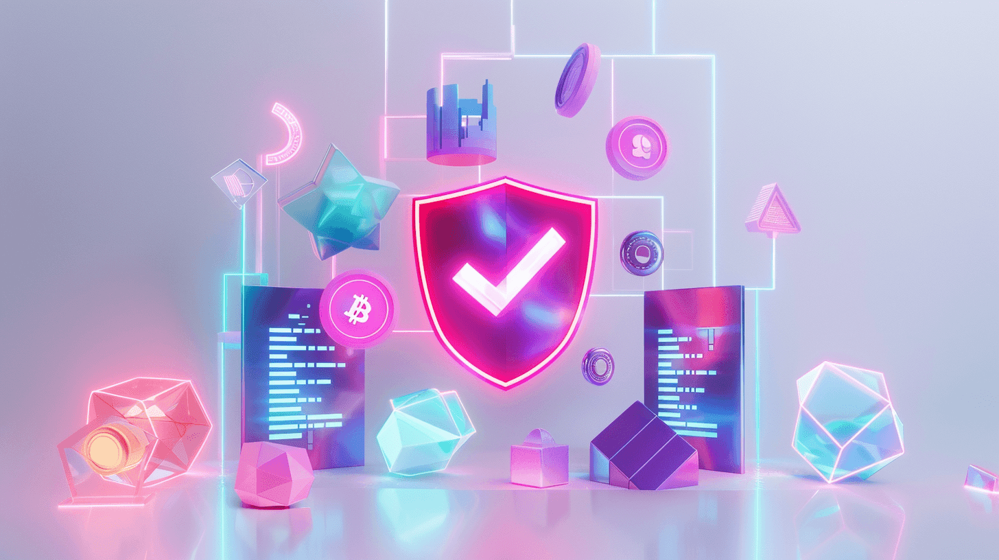 A glowing shield with a check mark among crypto coins, documents and crystals