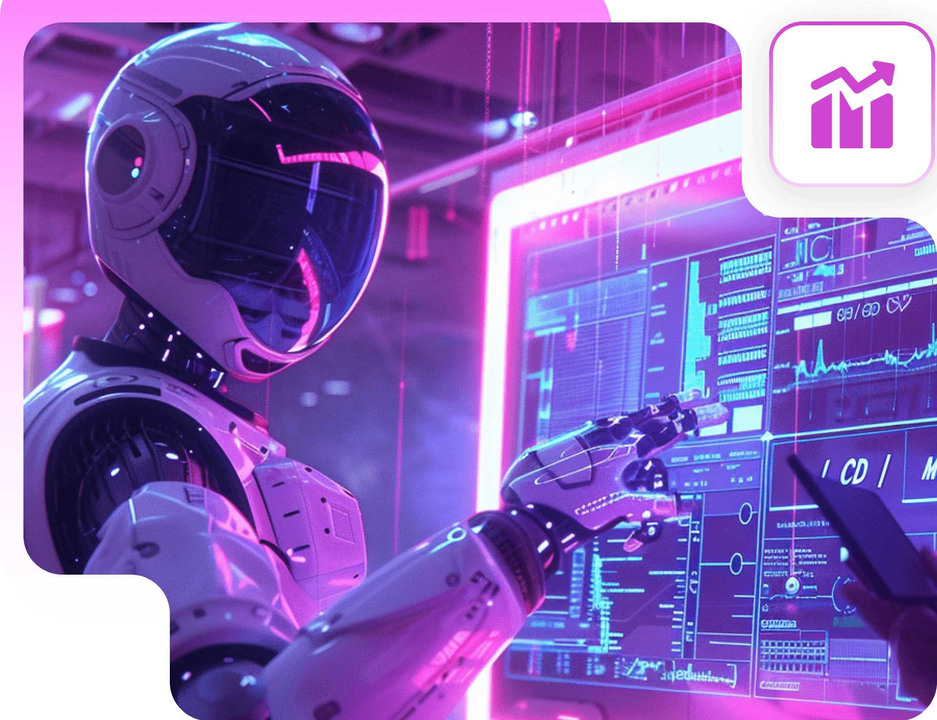 A robot in a helmet working at a glowing violet dashboard of charts, with a chart badge in the corner