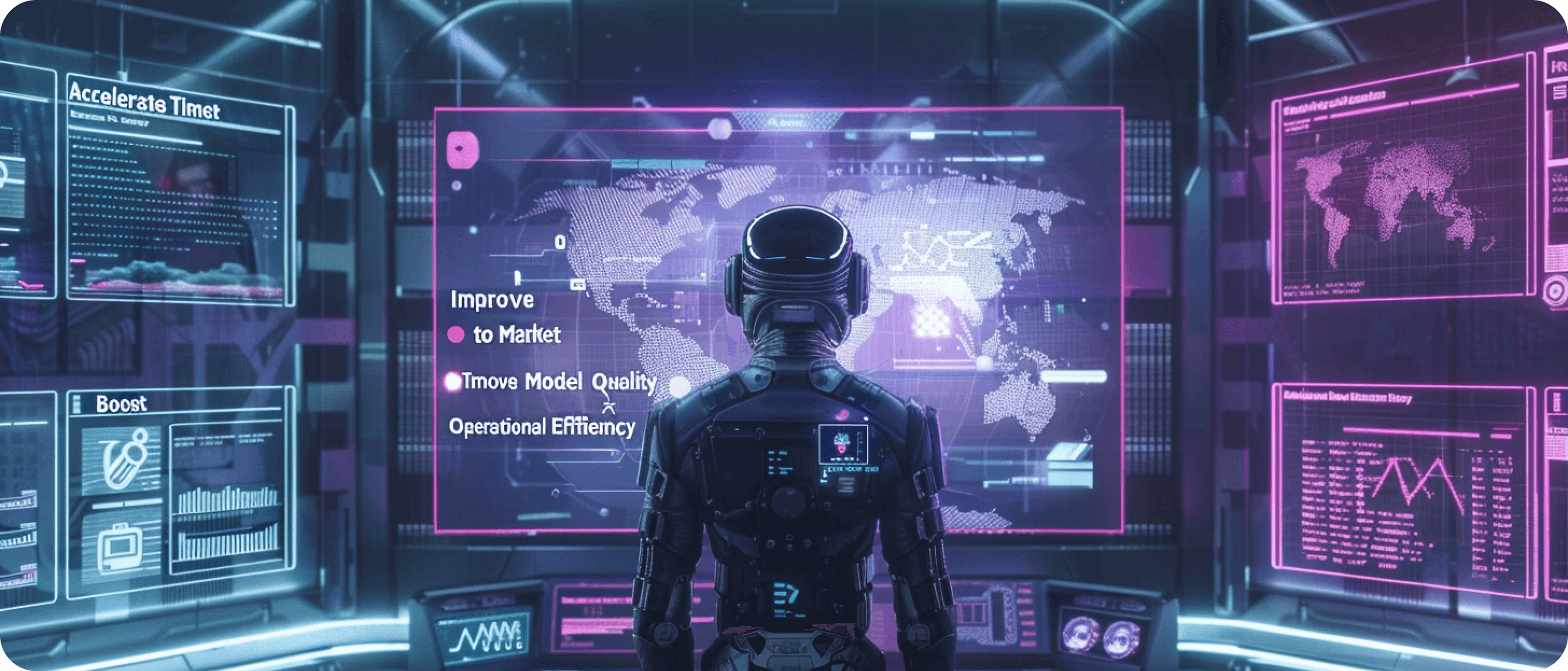 A robot seen from behind in a control room of glowing screens, a world map in the middle and panels reading Accelerate Time to Market, Improve Model Quality and Operational Efficiency