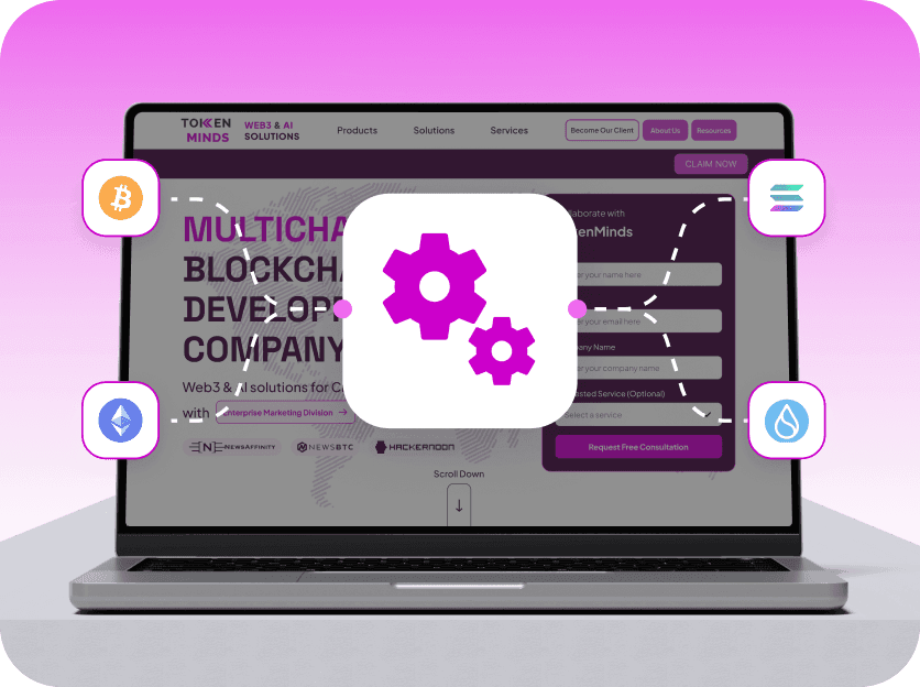 Multichain Blockchain Development Services: a laptop showing the TokenMinds multichain page, a gear tile at its centre linked by dashed lines to Bitcoin, Ethereum, Solana and Sui badges