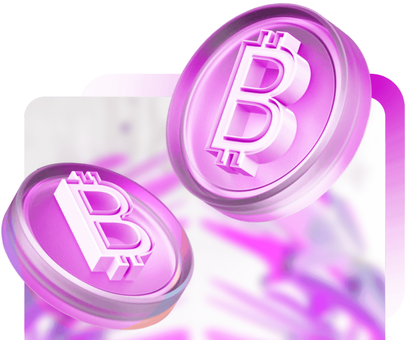 Two glossy magenta Bitcoin coins over a blurred pink backdrop