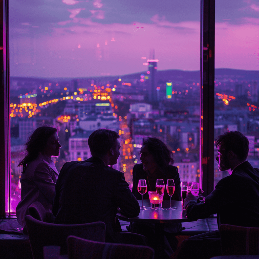 Four guests in silhouette talking over drinks at a candlelit table by a tall window overlooking a city at purple dusk