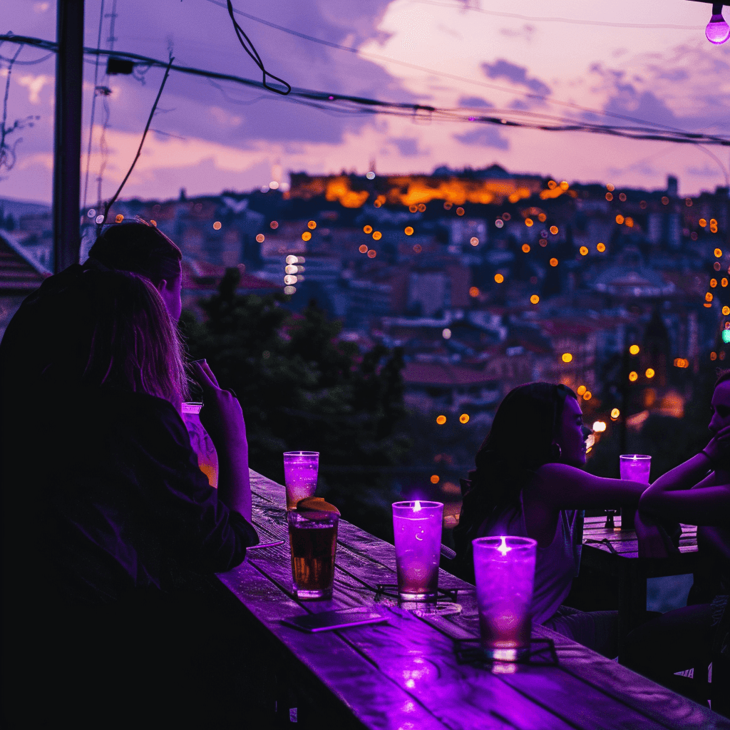 Guests with glowing purple drinks at a rooftop bar counter above a hillside city at dusk