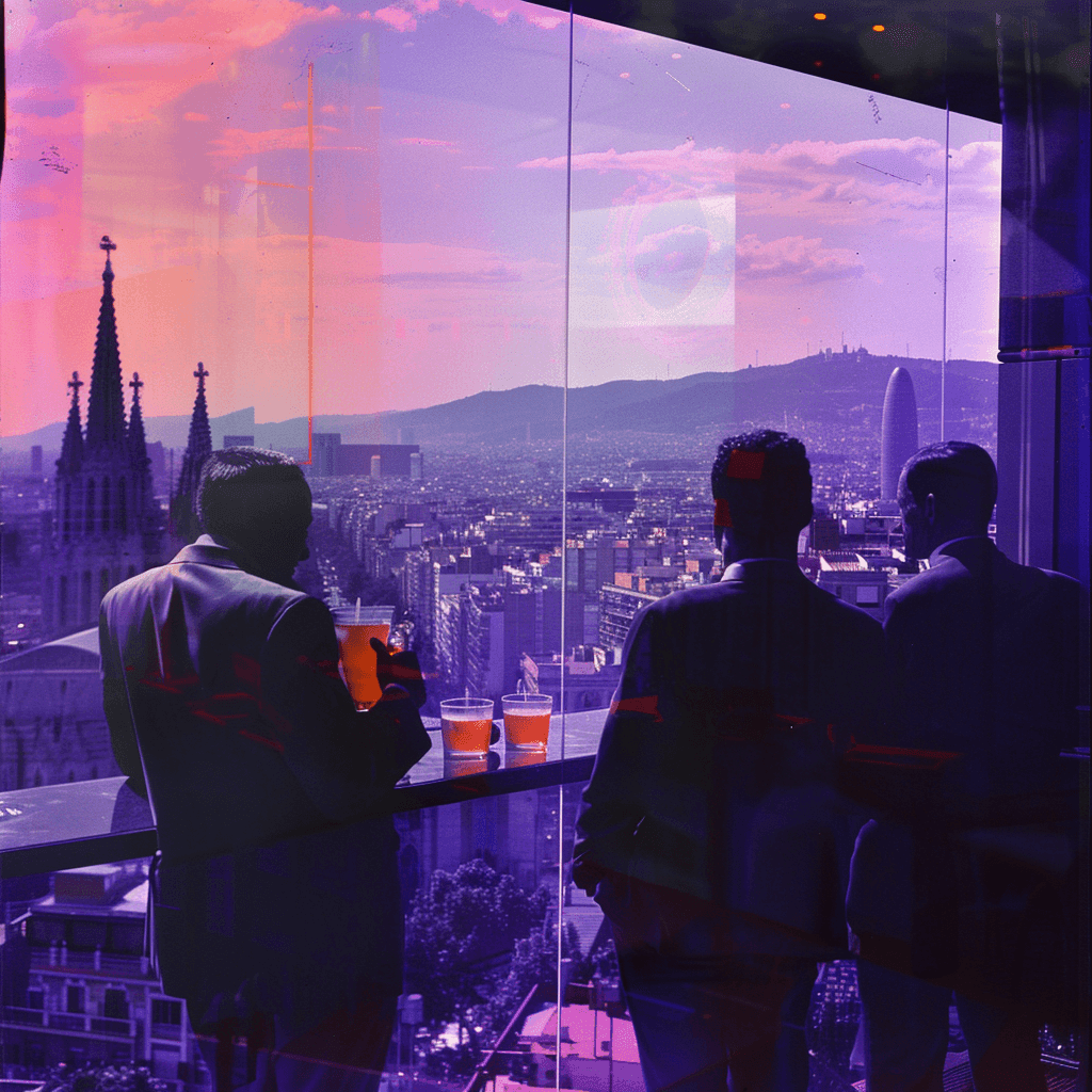 Three men in suits holding drinks by a glass wall overlooking a city with Gothic church spires at sunset