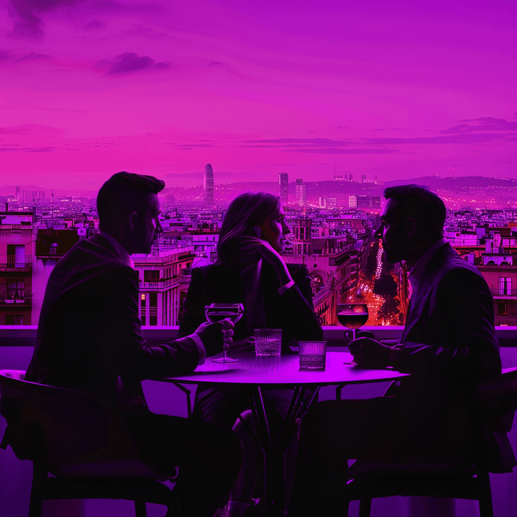 Three guests sharing drinks at a terrace table under a magenta sky above a city skyline