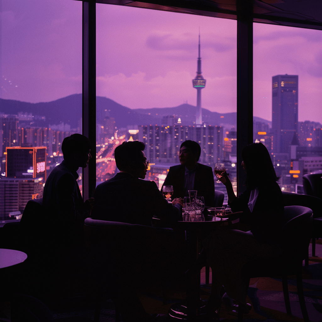 Guests seated around a lounge table before tall windows facing a lit tower and city skyline at purple dusk