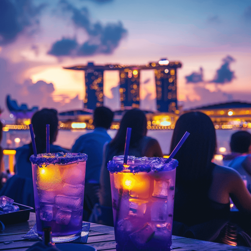 Two glowing iced cocktails on a bar table, guests in silhouette facing the Marina Bay Sands towers at sunset