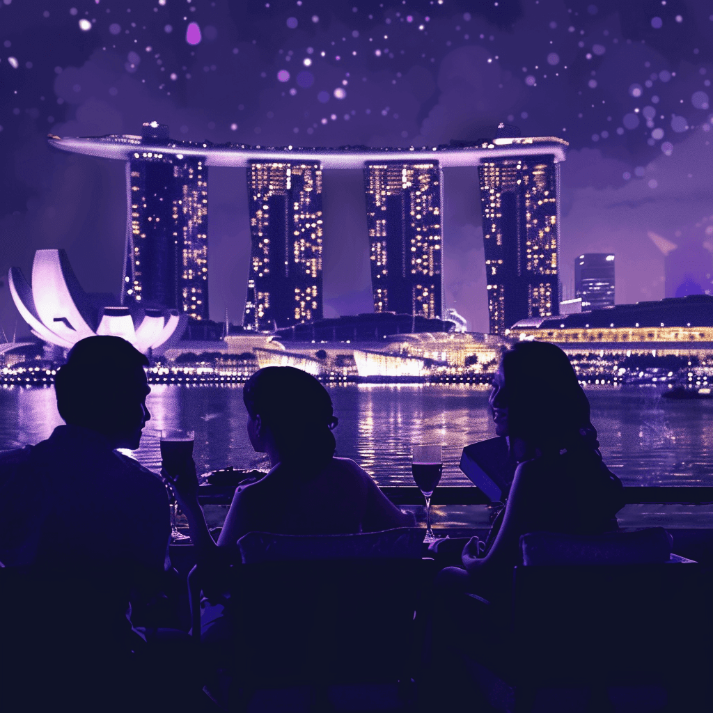 Guests in silhouette at a waterfront table facing the lit Marina Bay Sands towers under a starry purple sky