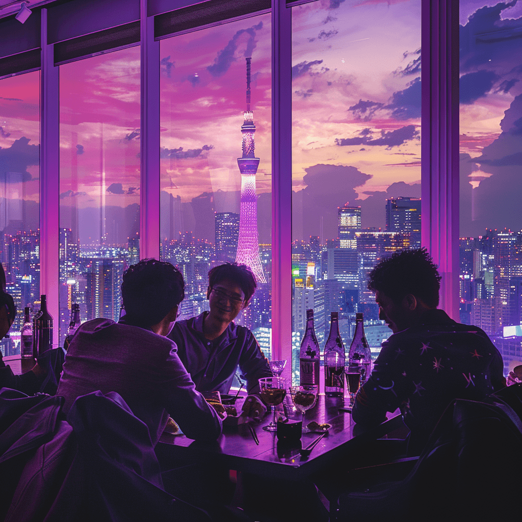 Four guests talking over drinks by tall windows facing a slender lit tower and a city skyline at purple sunset