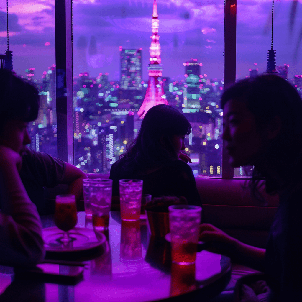 Guests sharing red drinks at a lounge table, with the lit Tokyo Tower in the window behind them