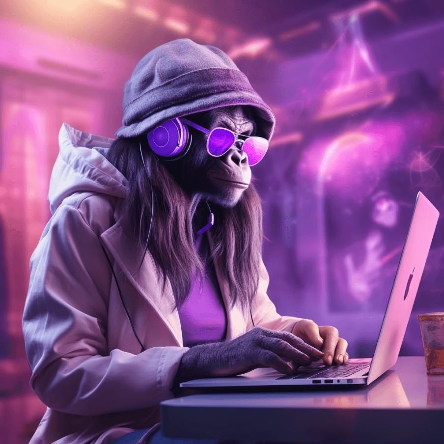 An ape in a hooded coat, headphones and violet sunglasses typing on a laptop