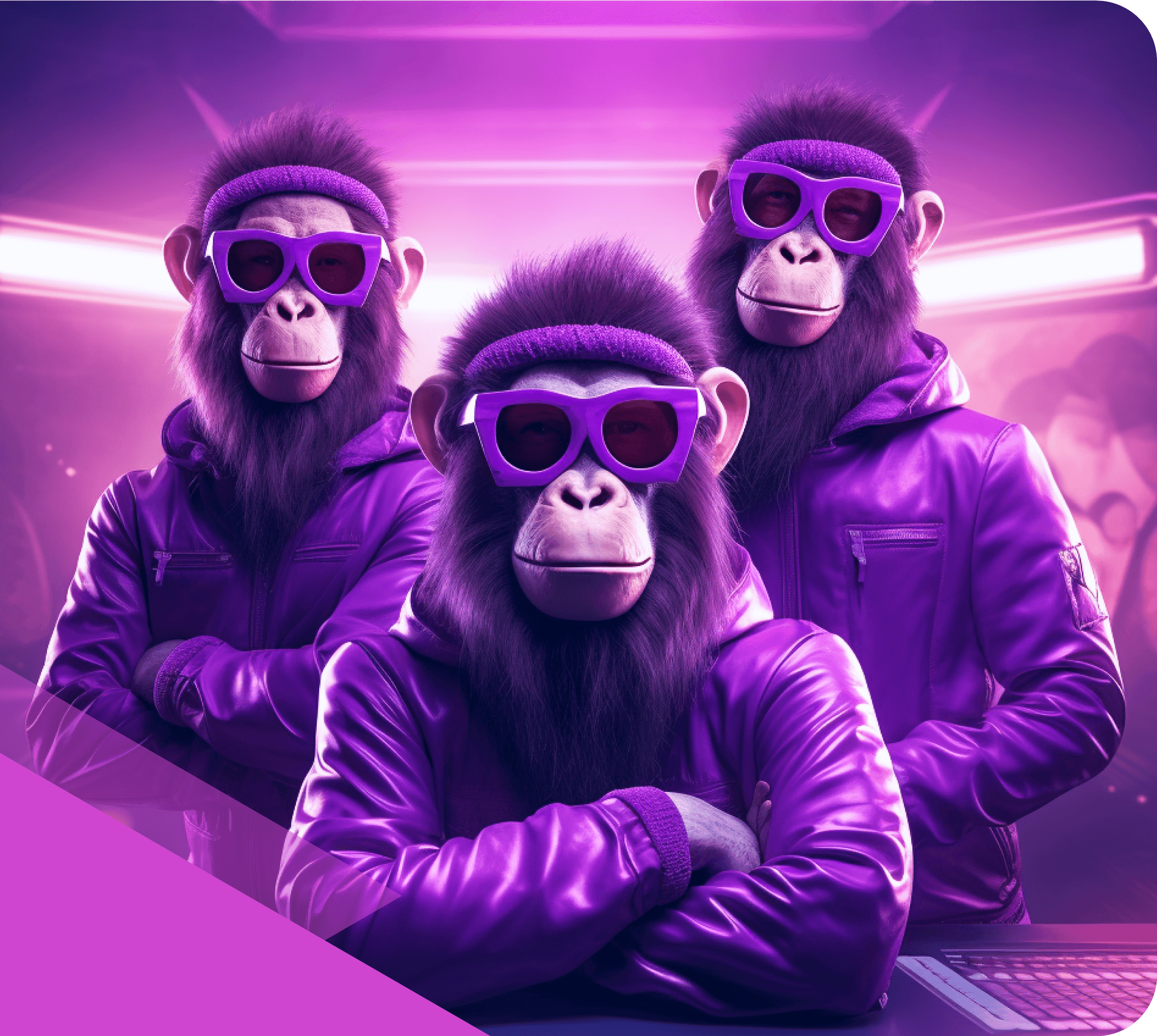Three apes in purple leather jackets, headbands and violet sunglasses, arms crossed