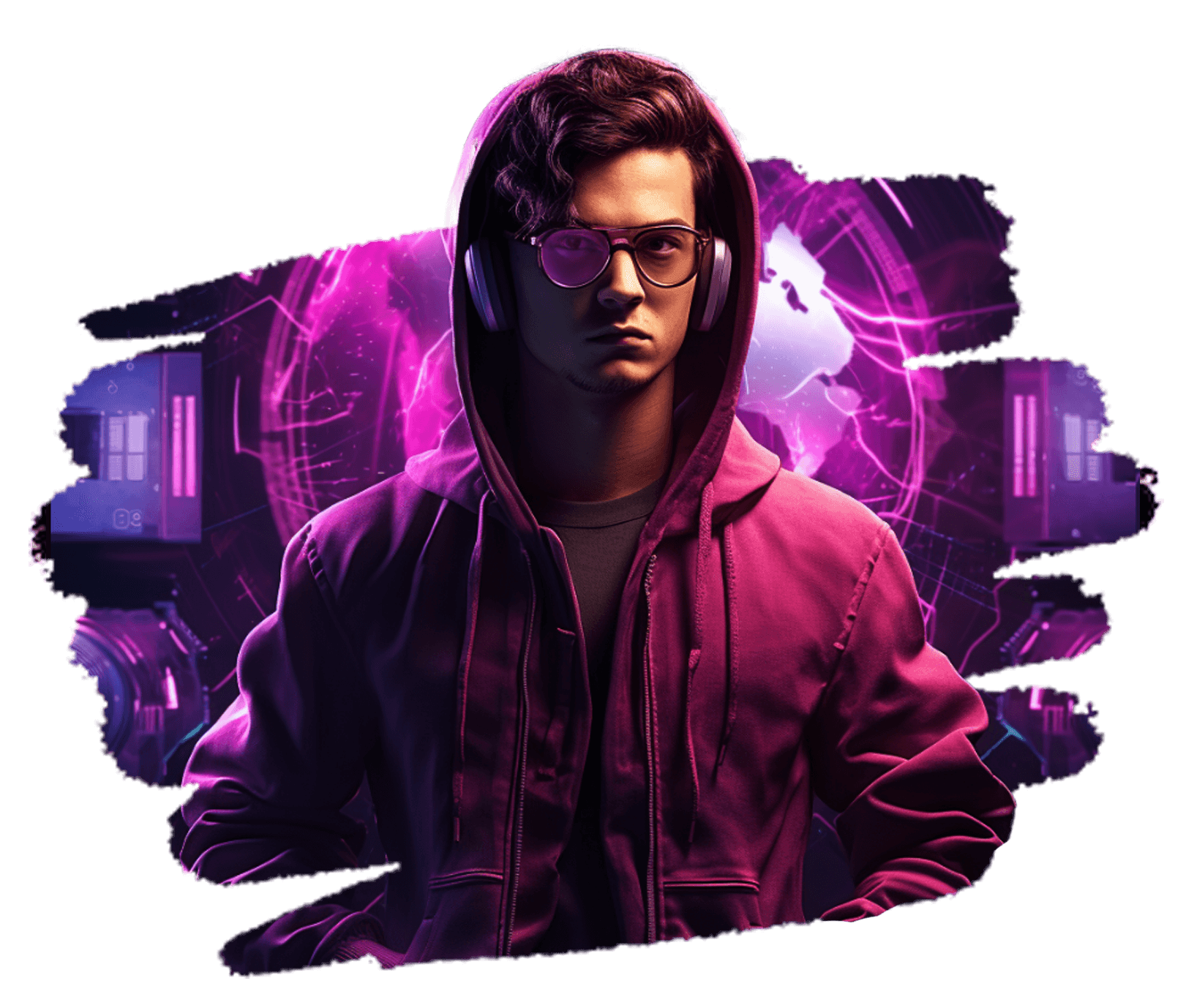 A young man in a magenta hoodie, glasses and headphones before a glowing purple digital backdrop