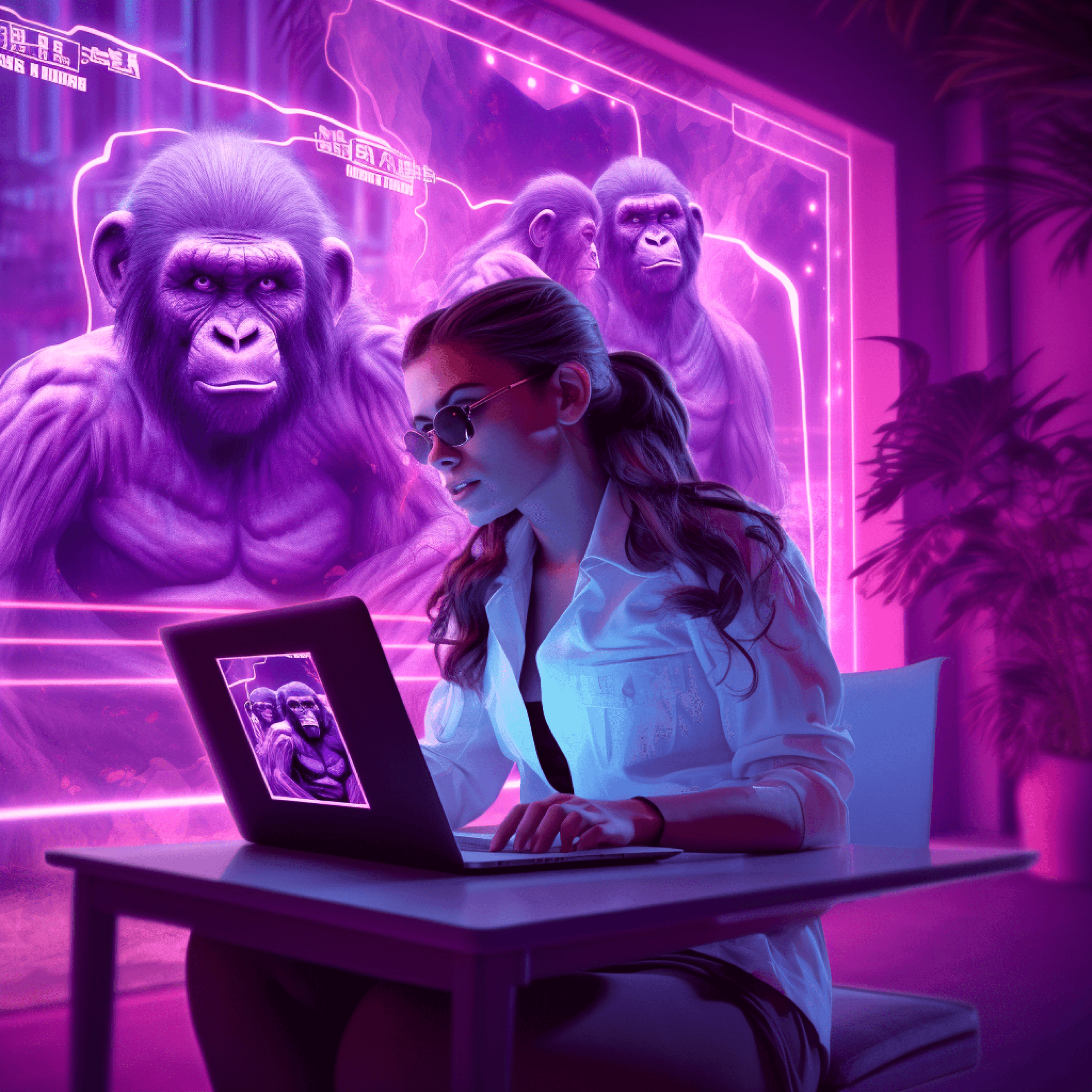 A woman at a laptop working on ape NFT artwork, the apes glowing on a purple screen behind her