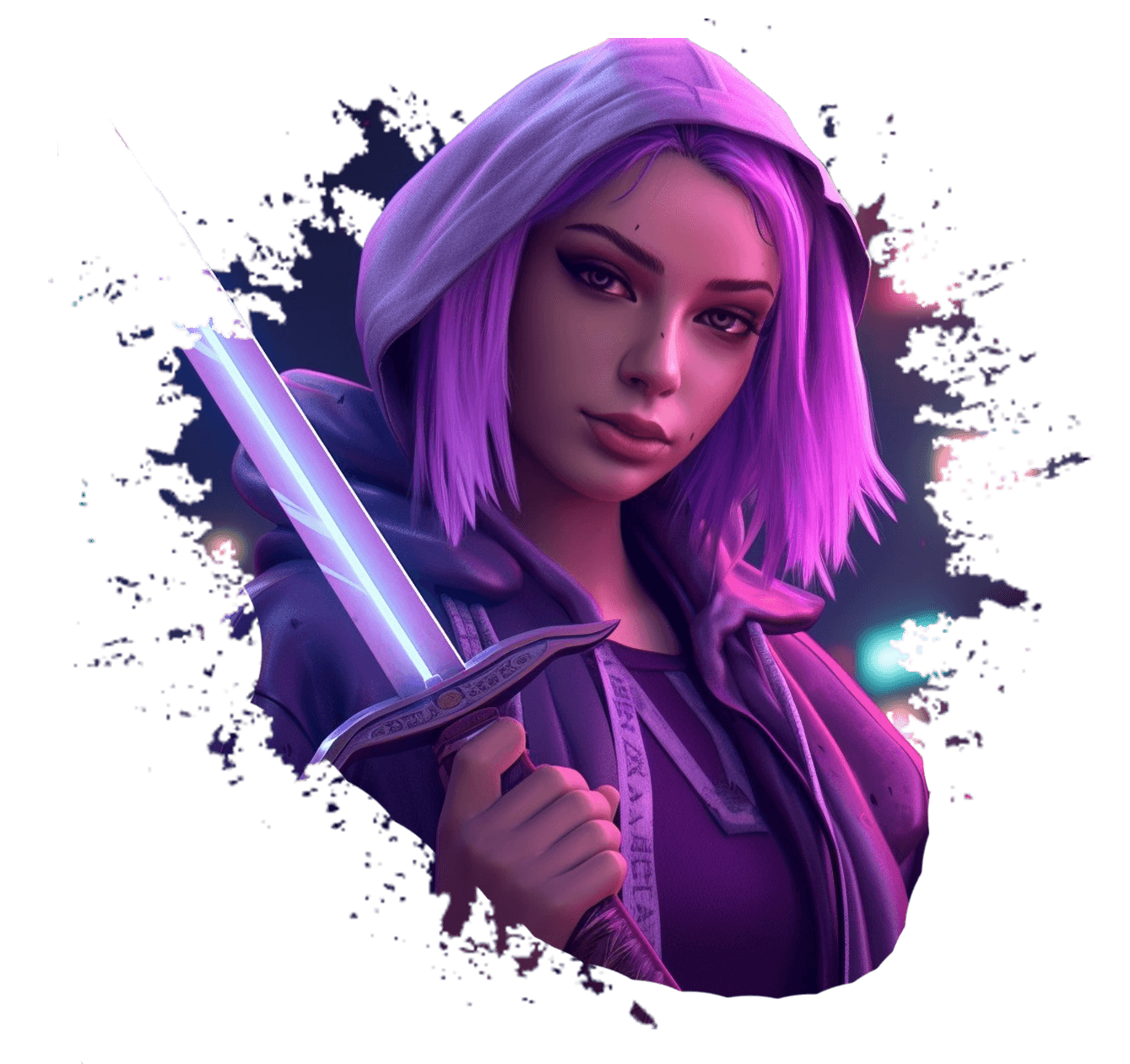 A game heroine with lilac hair in a purple hood, holding a glowing sword, over a splash of dark paint