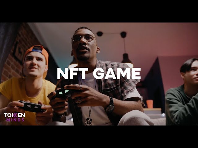 NFT Game: three young men playing a video game with controllers on a sofa, with the TokenMinds logo