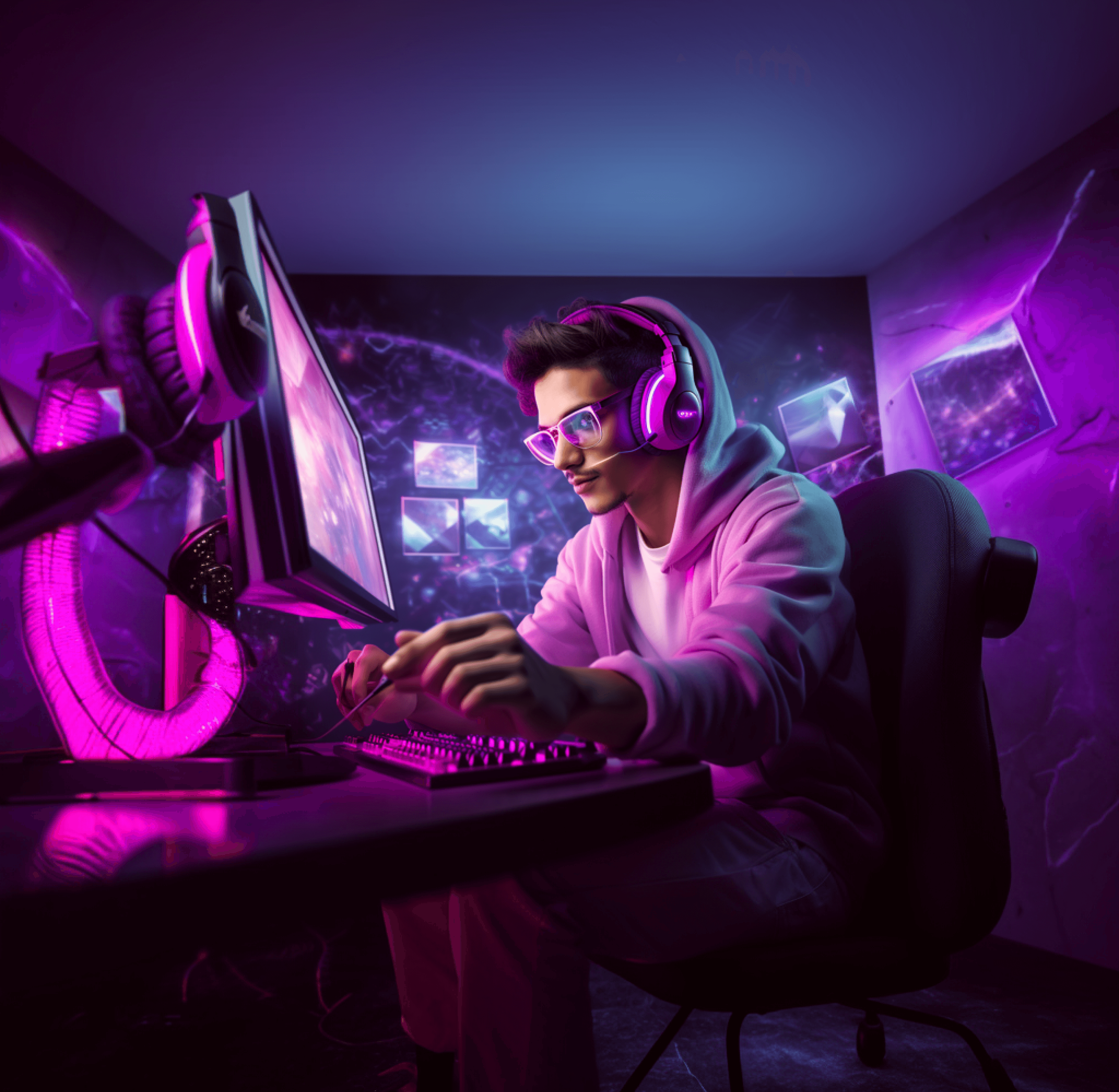 A young man in a pink hoodie, glasses and headphones playing at a glowing computer in a purple-lit room