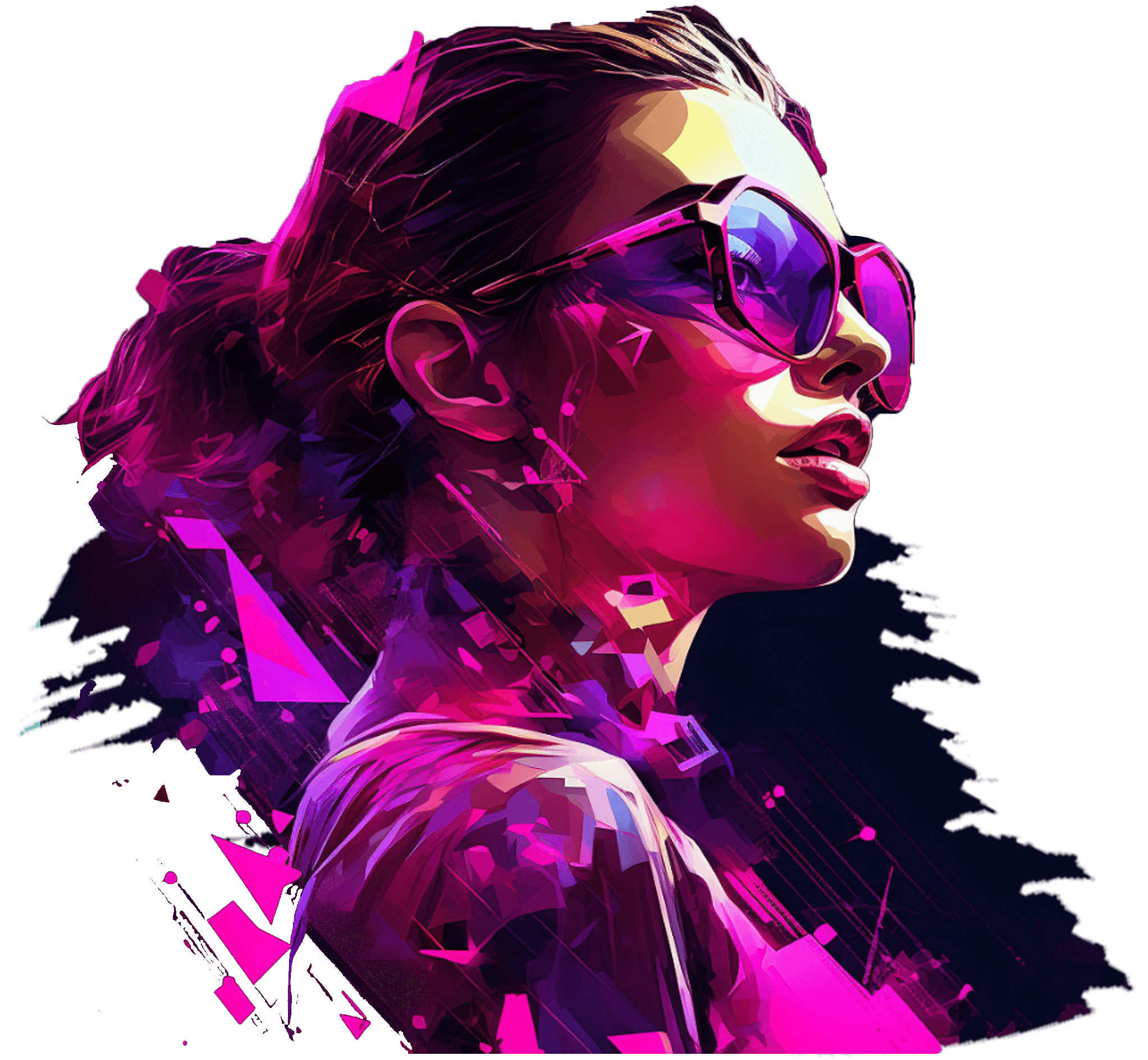 A digital painting of a woman in magenta sunglasses, her profile breaking into pink and violet shards