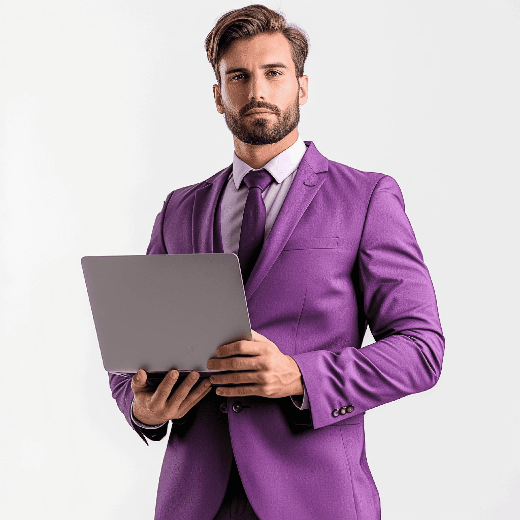 A bearded consultant in a purple suit and tie holding an open laptop