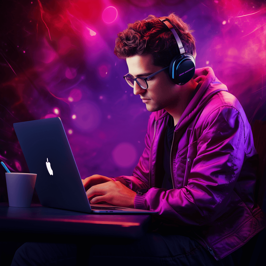 A young man in headphones and a magenta jacket working on a laptop under purple light
