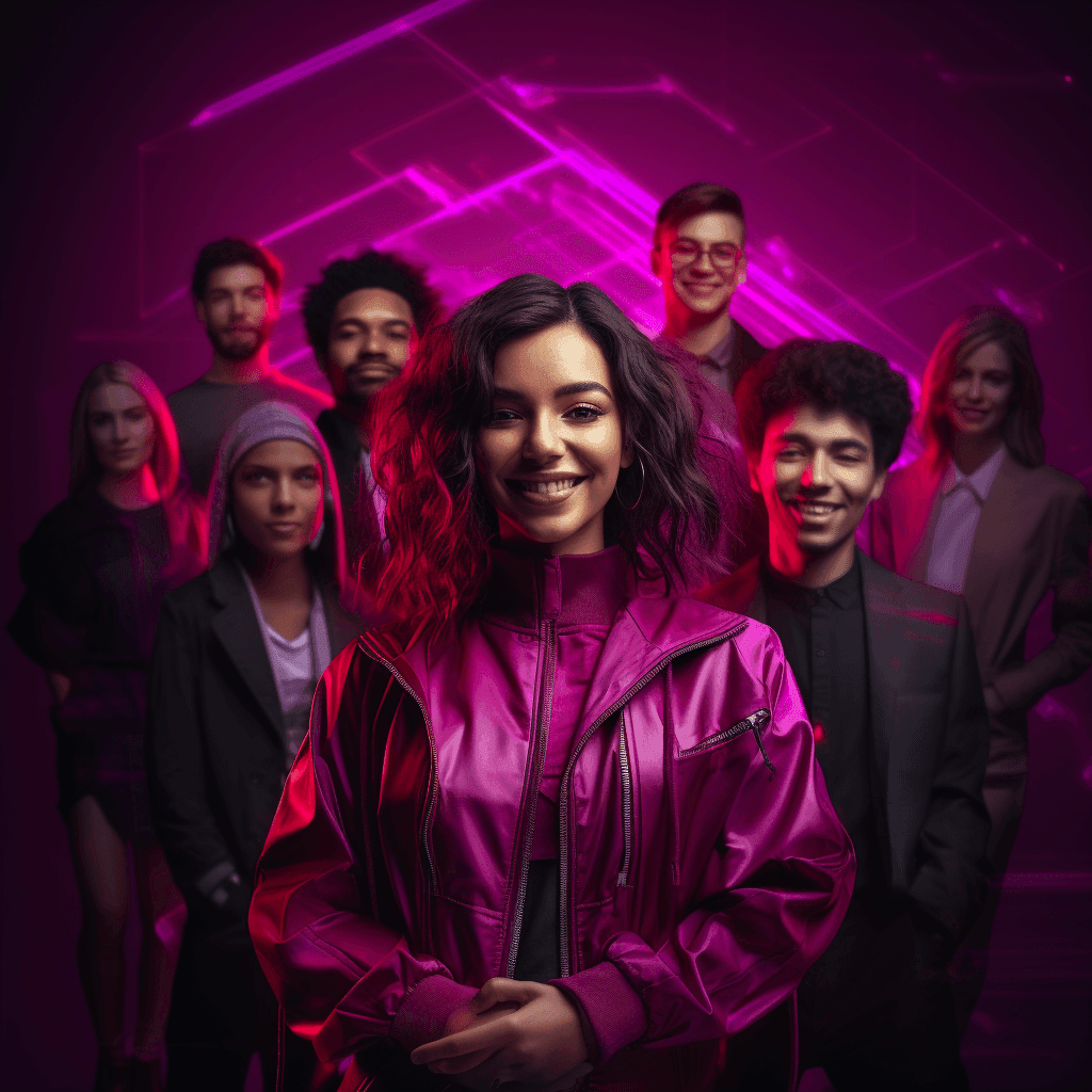 A smiling woman in a magenta jacket in front of a group of young people under neon light