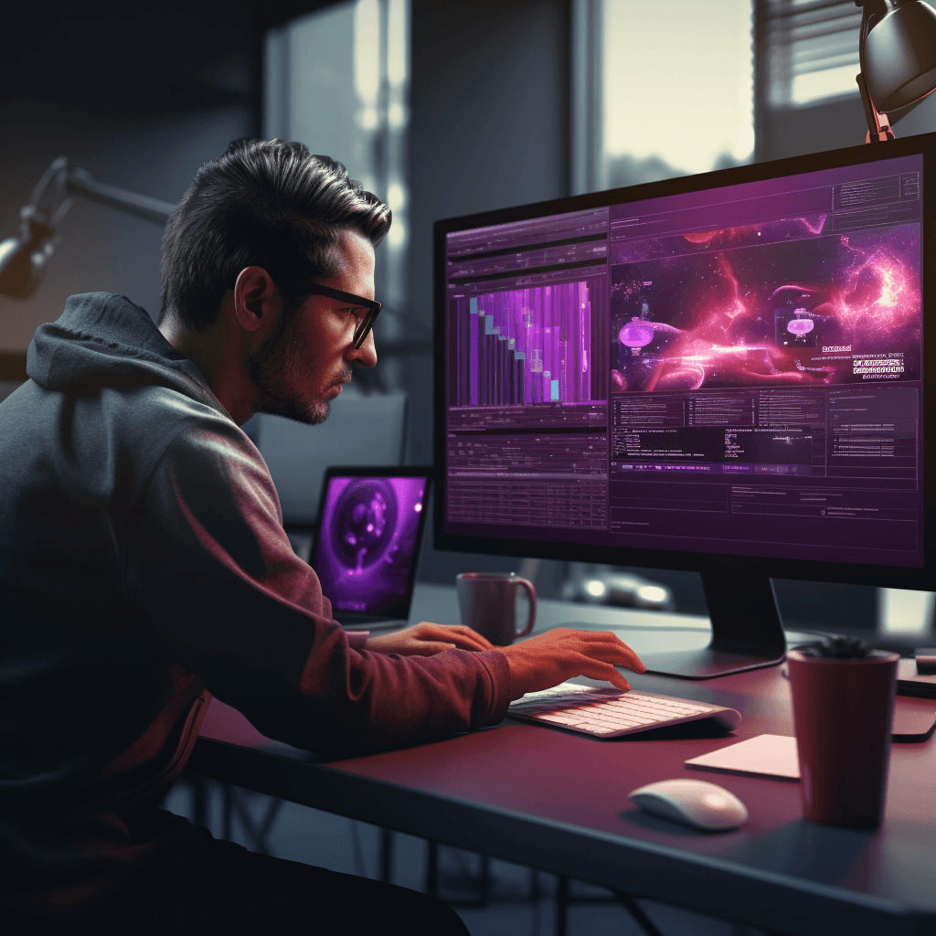 A man in glasses at a desk watching purple dashboards on his monitor
