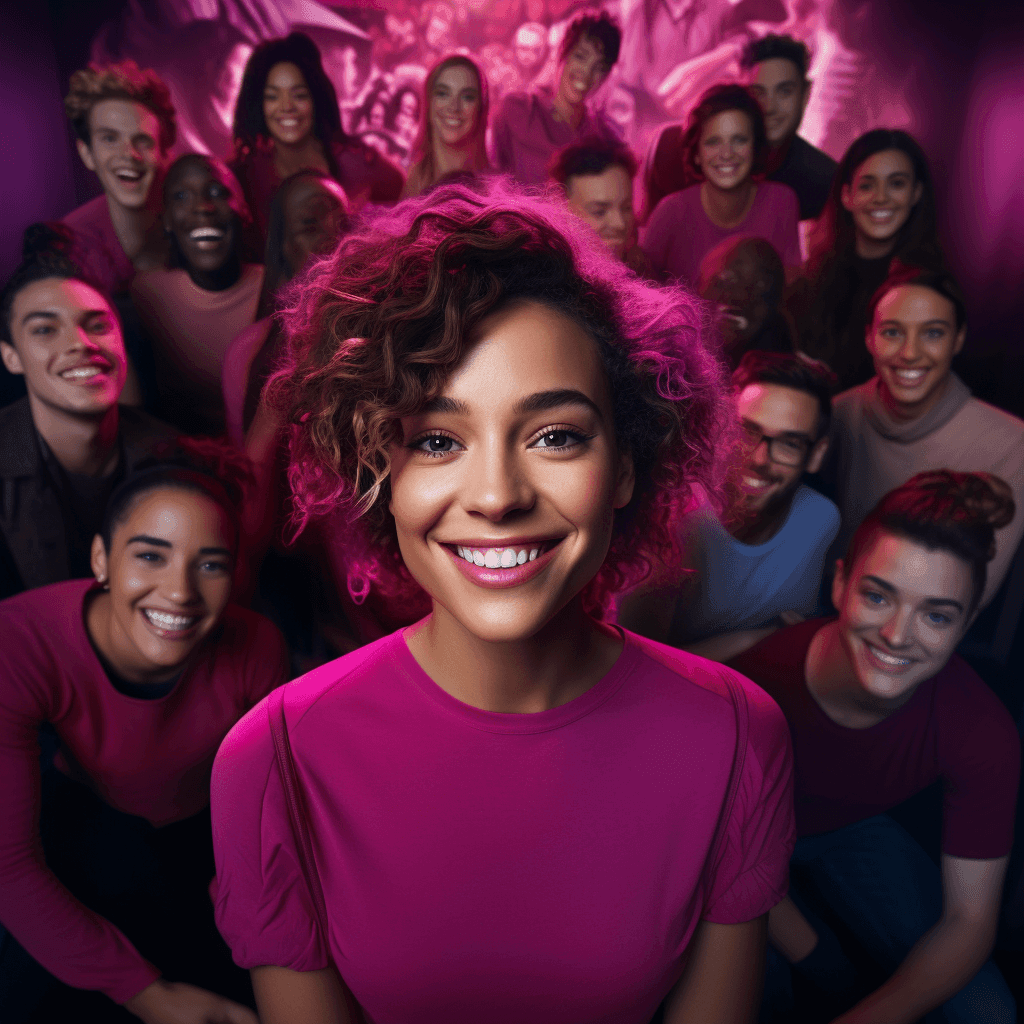 A smiling young woman in a magenta top in front of a cheering crowd