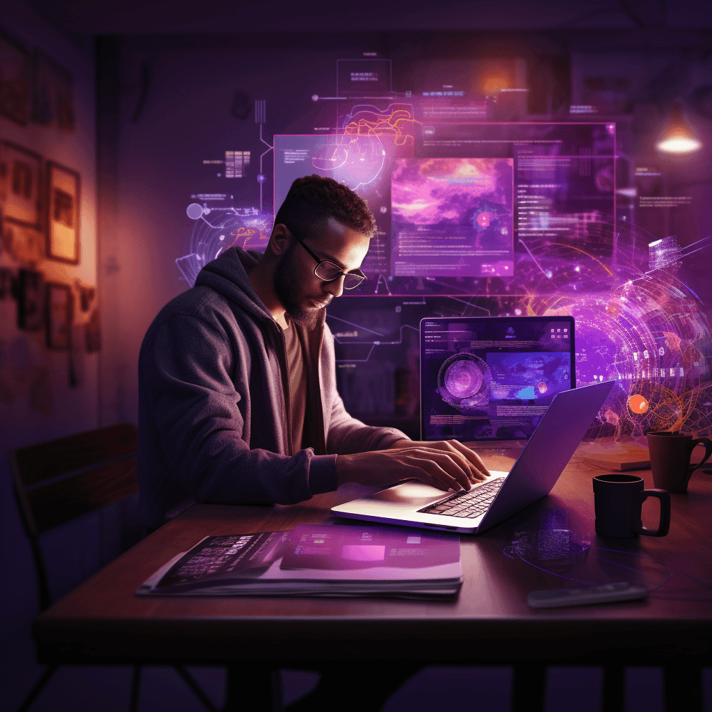 A man at a laptop in a dim studio, glowing purple screens of NFT art behind him