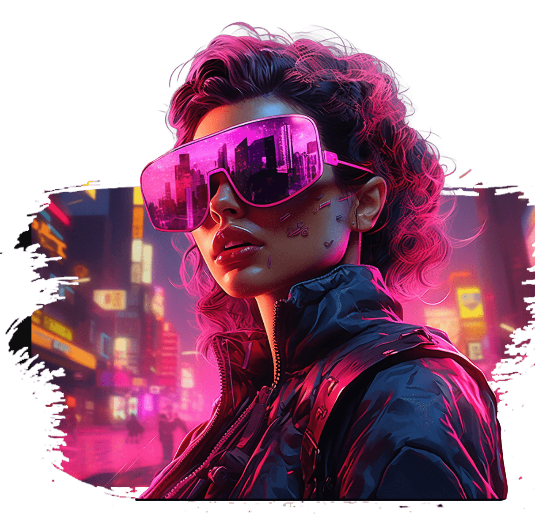 A digital painting of a woman in large pink visor sunglasses and a dark jacket, a neon-lit city street behind her
