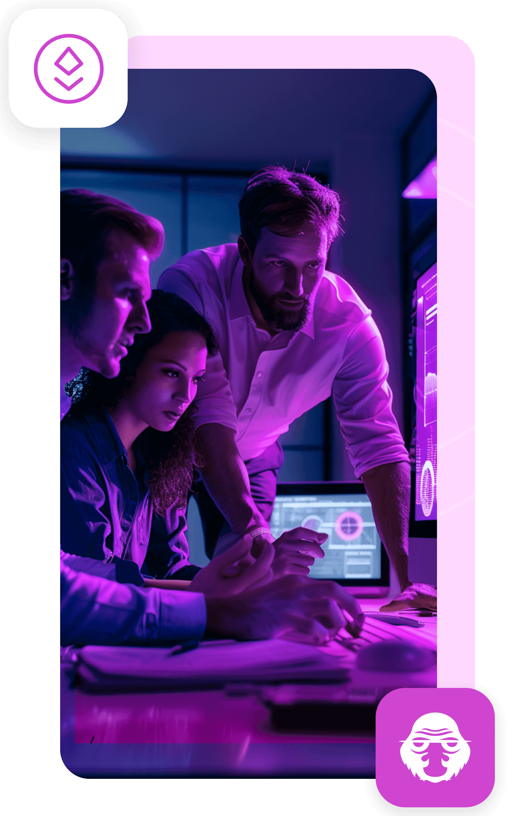 Three colleagues lit purple study a computer screen, framed with an Ethereum badge at the top and an ape-face badge at the bottom