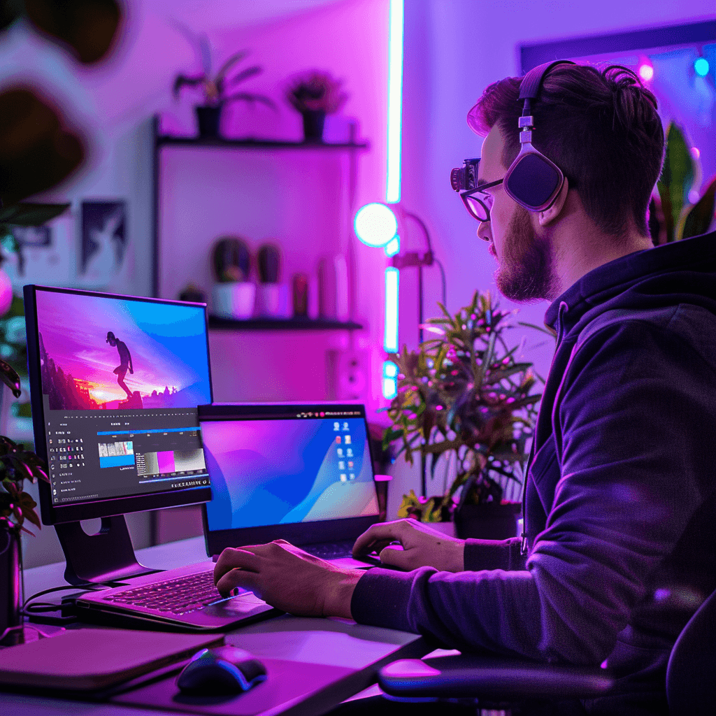 A developer in headphones editing a video at a monitor and laptop, in a room lit purple and pink