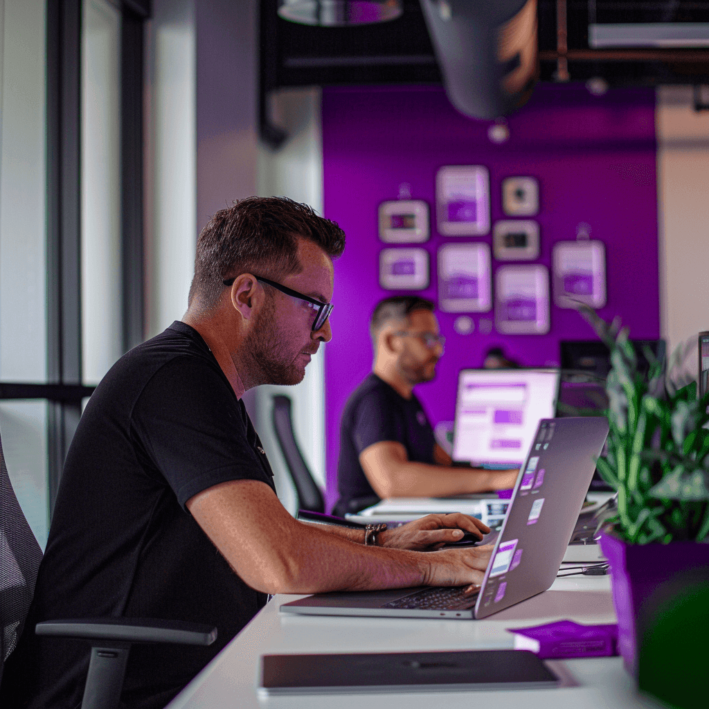A developer in glasses typing on a laptop in an office with a purple wall, a colleague working behind him