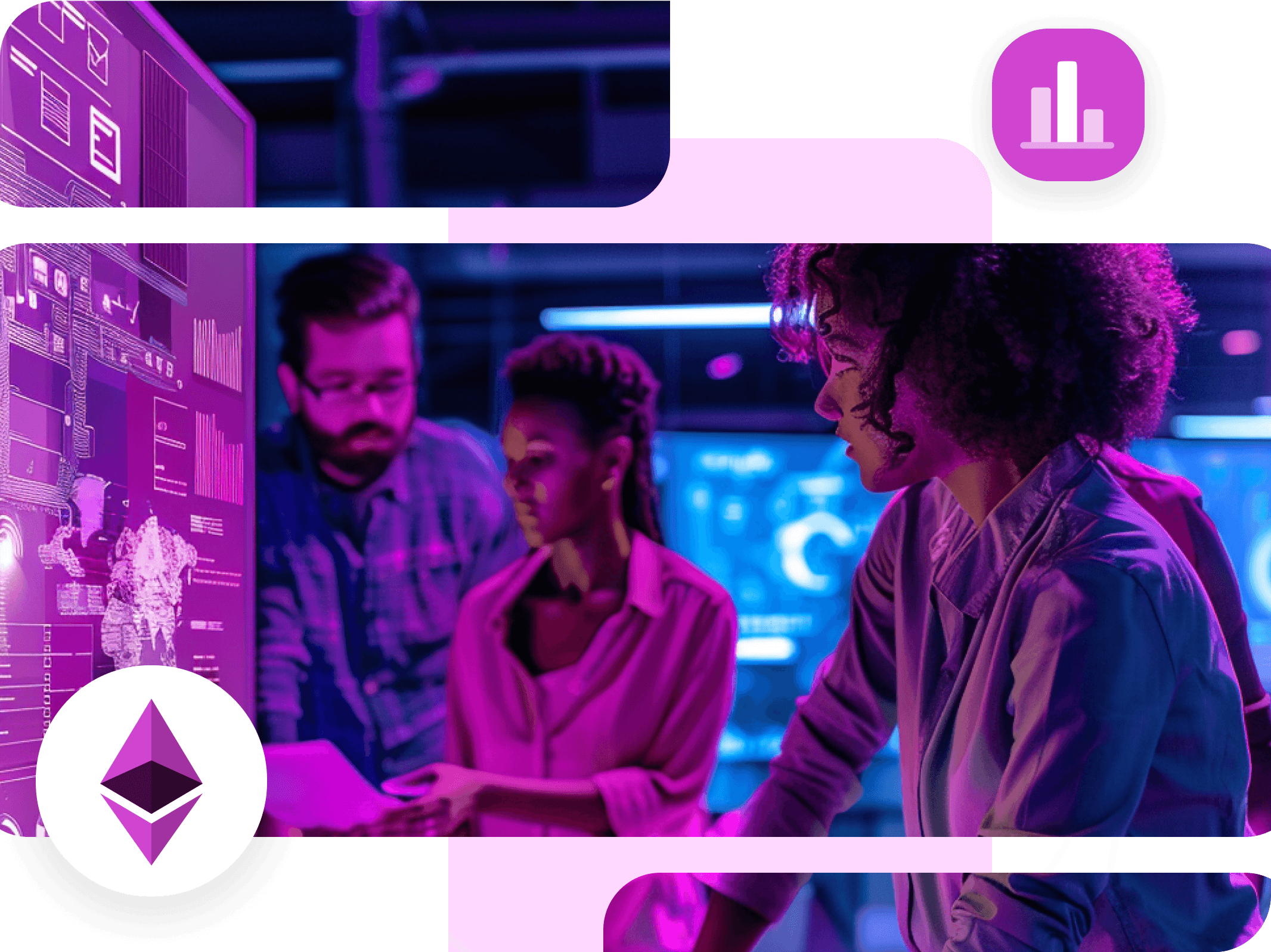 Three colleagues lit purple talking beside a large data screen, framed with a bar-chart badge and an Ethereum badge