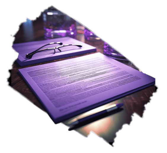 Printed documents and a pair of glasses on a desk beside a pen, lit purple