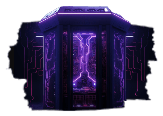 A dark server tower glowing purple, its circuit lines spreading out behind it