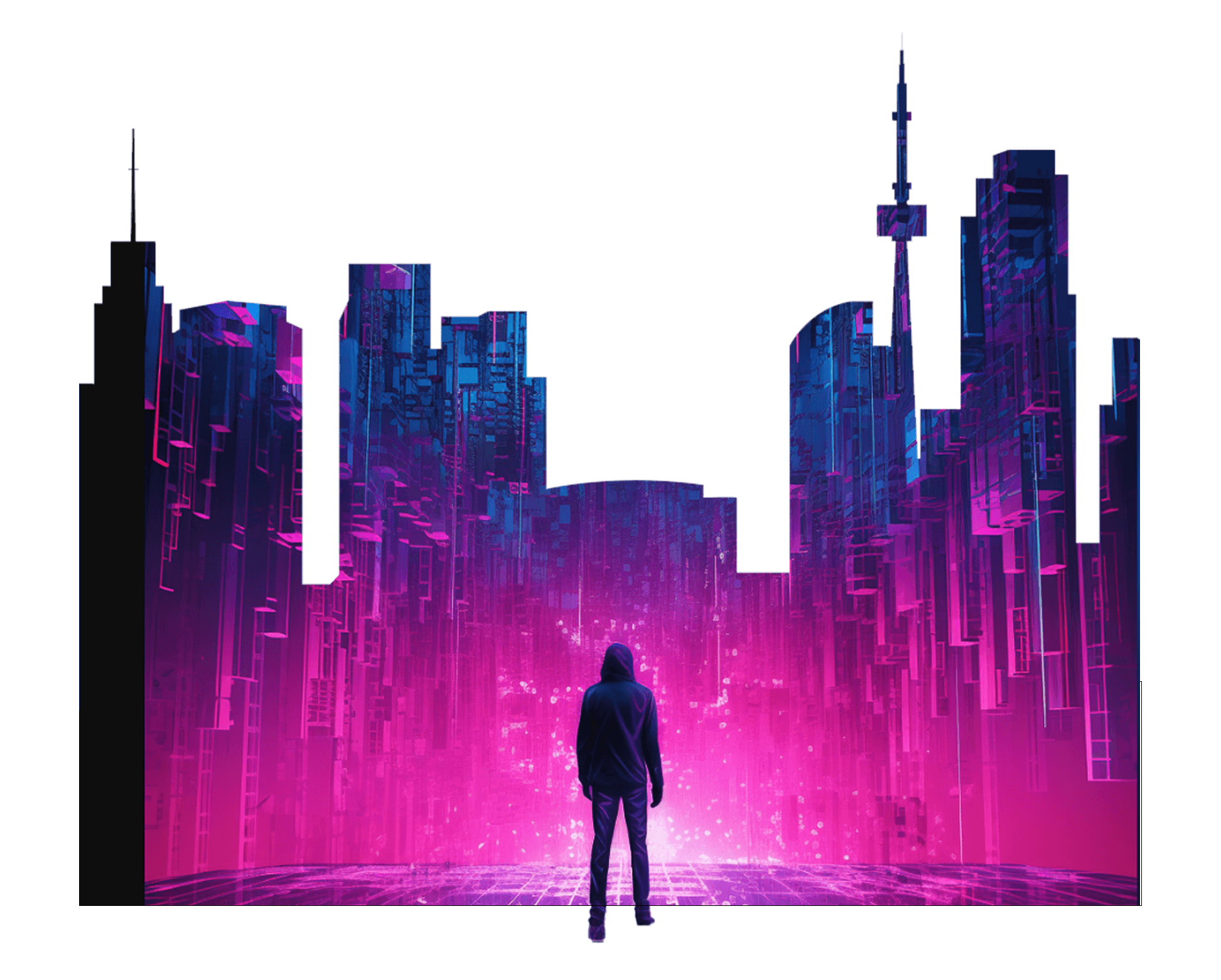 A hooded figure standing before a glowing magenta and blue digital city skyline