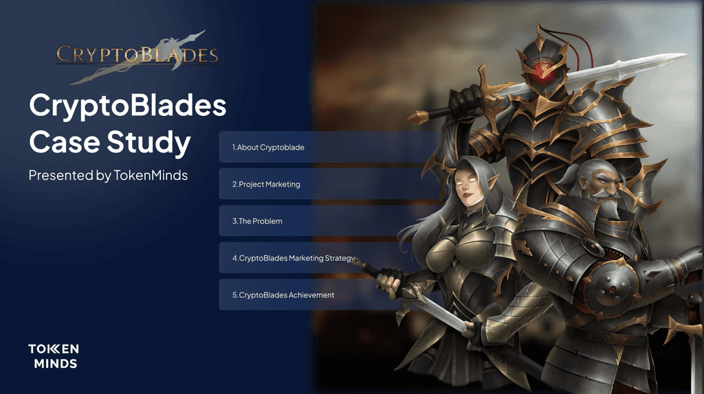 CryptoBlades Case Study, presented by TokenMinds: a cover with its contents list beside two armoured warriors
