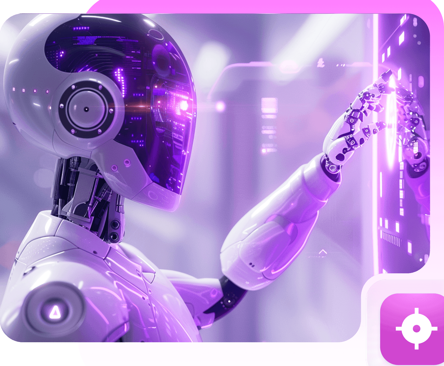 A white and violet robot touching a glowing screen, framed in pink with a target icon