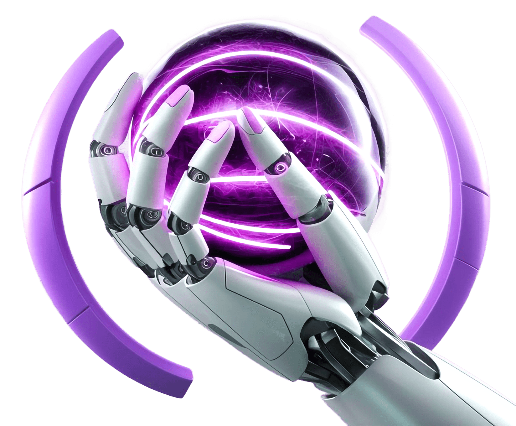 A white robotic hand holding a glowing violet sphere, framed by two violet arcs