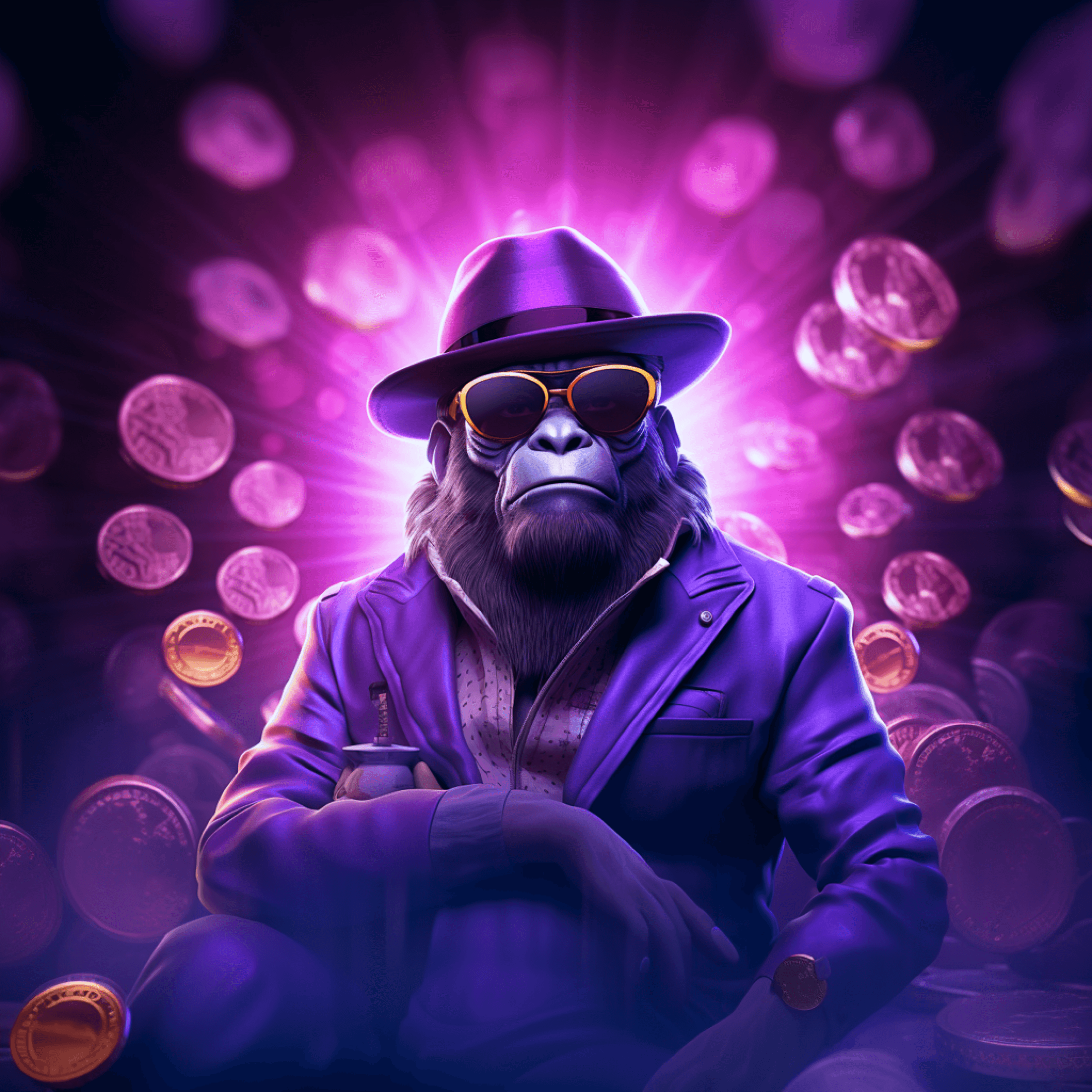 A gorilla in a purple fedora, gold-rimmed sunglasses and a purple jacket sits among glowing coins in a violet burst of light