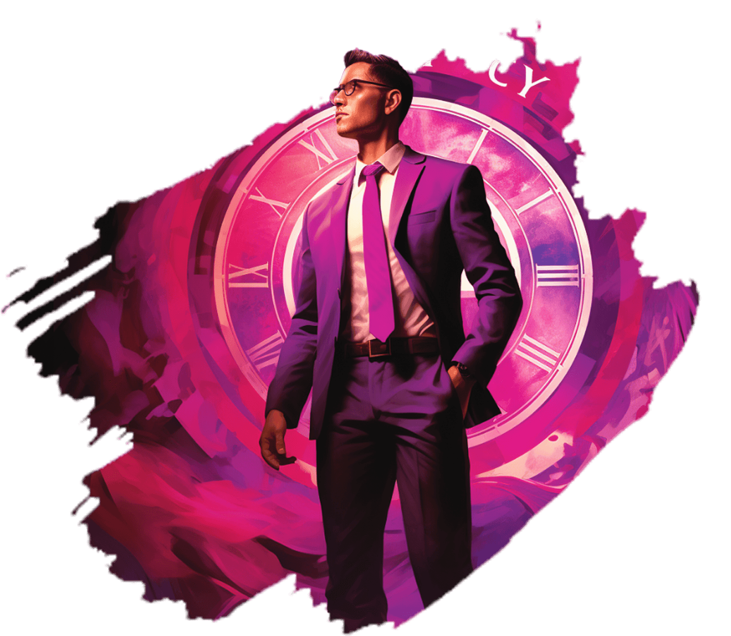 A man in a purple suit and glasses looking up, in front of a large Roman-numeral clock face painted in magenta brushstrokes