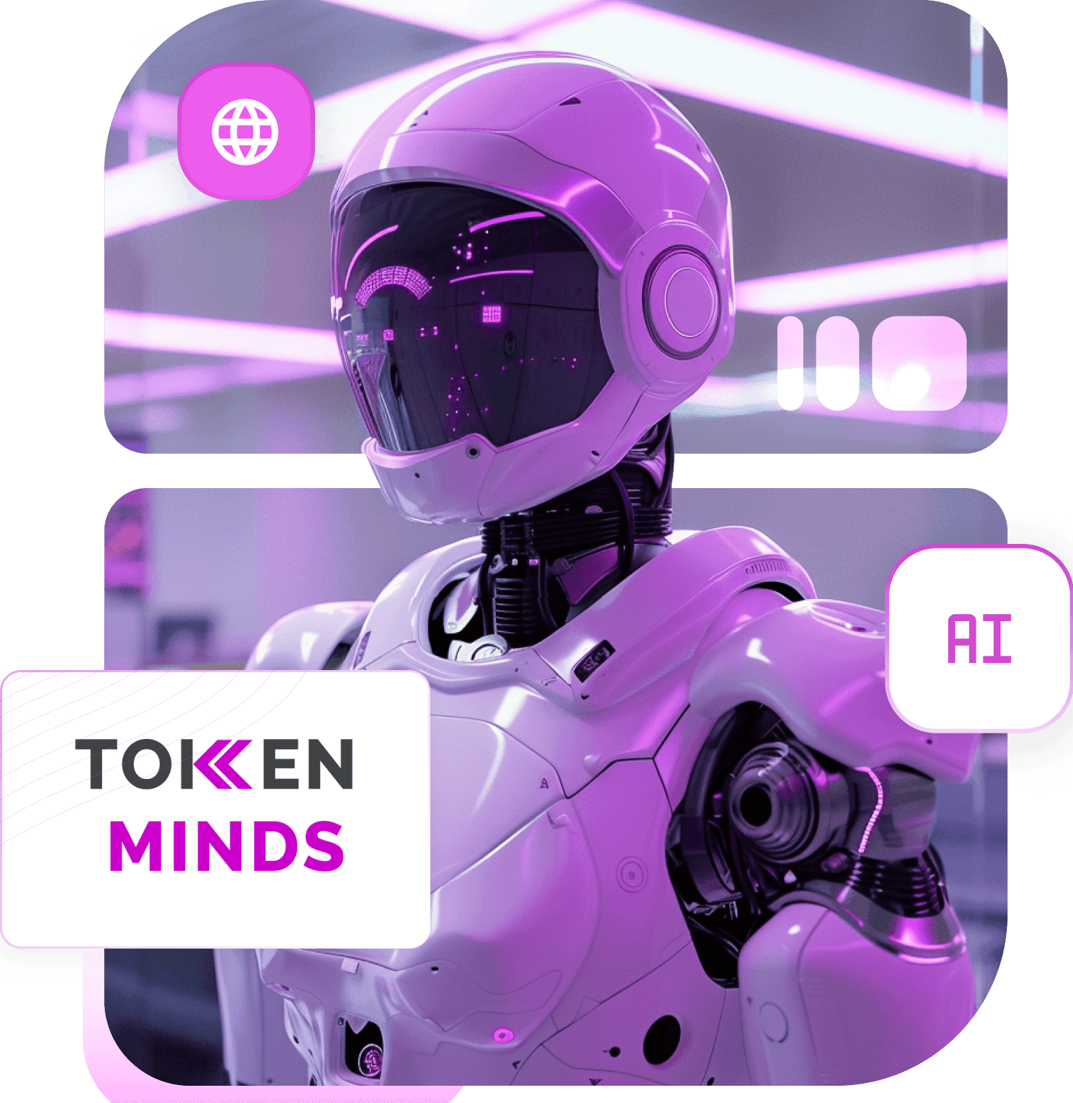 A white and magenta humanoid robot beside a TokenMinds logo card, an AI tag and a globe icon