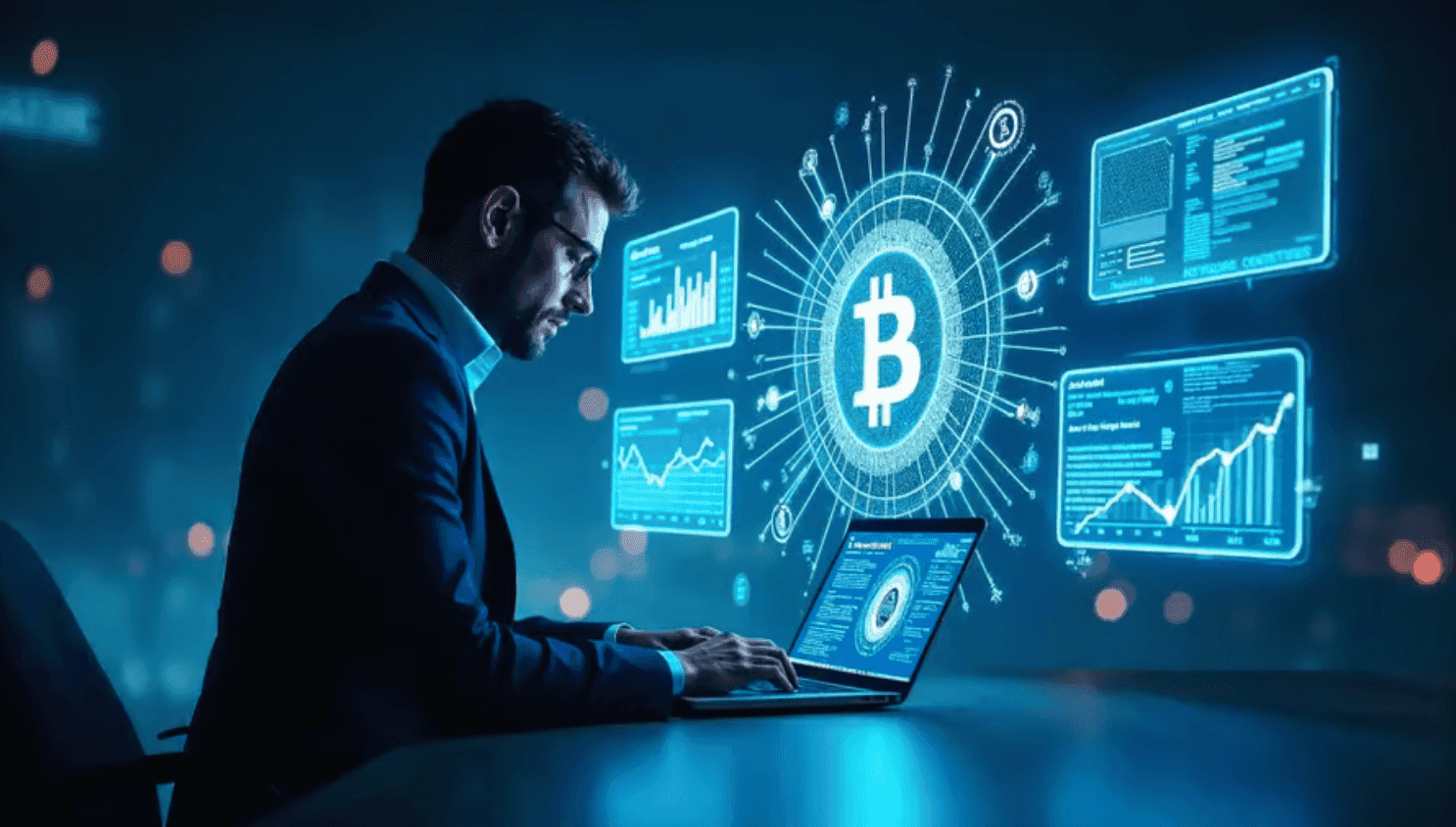 Analyst at a laptop surrounded by Bitcoin and market charts