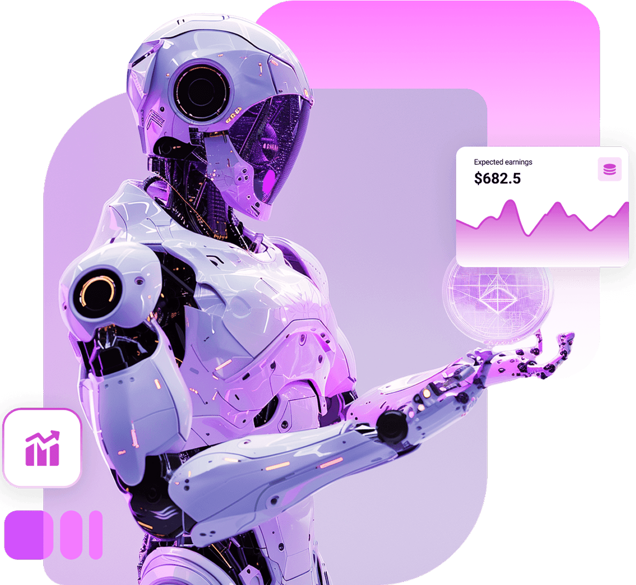 A white and violet robot holding a glowing coin, beside an expected earnings card reading $682.5 with a rising chart