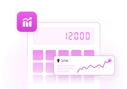 A calculator showing 12000 with a chart card rising 20%