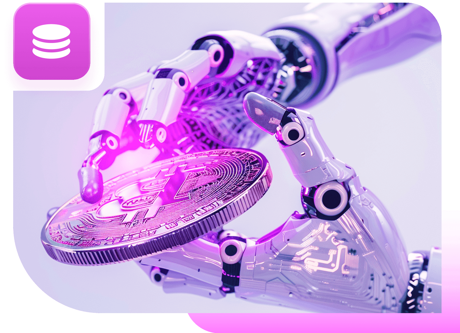 A robotic hand holding a glowing Bitcoin coin, with a token stack badge