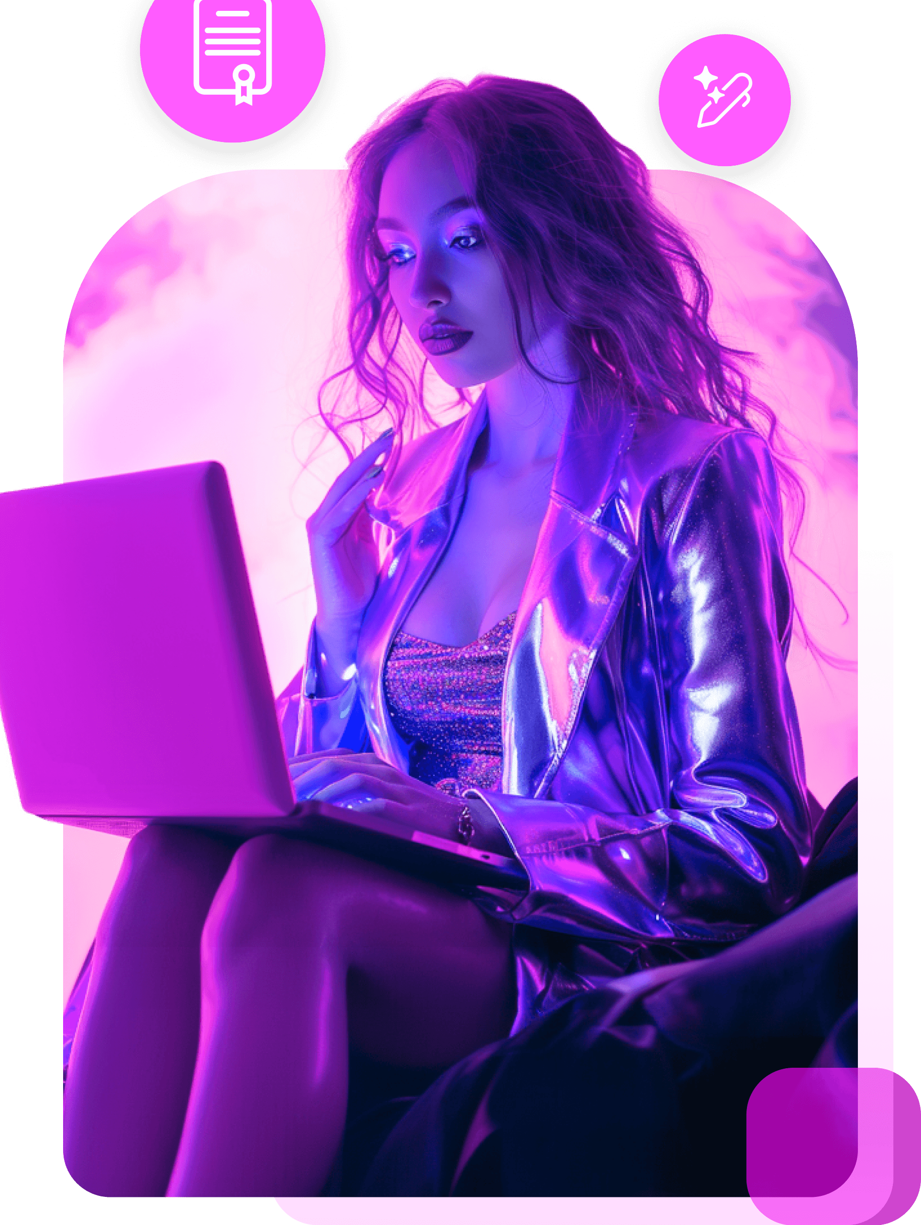 A woman in a shiny violet jacket typing on a laptop on her knees, with certificate and quill badges above