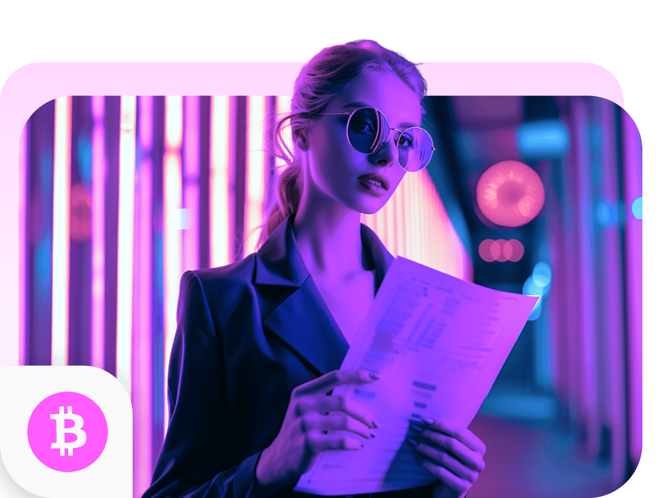 A woman in round sunglasses reading a printed report under violet neon light, a Bitcoin badge at the corner